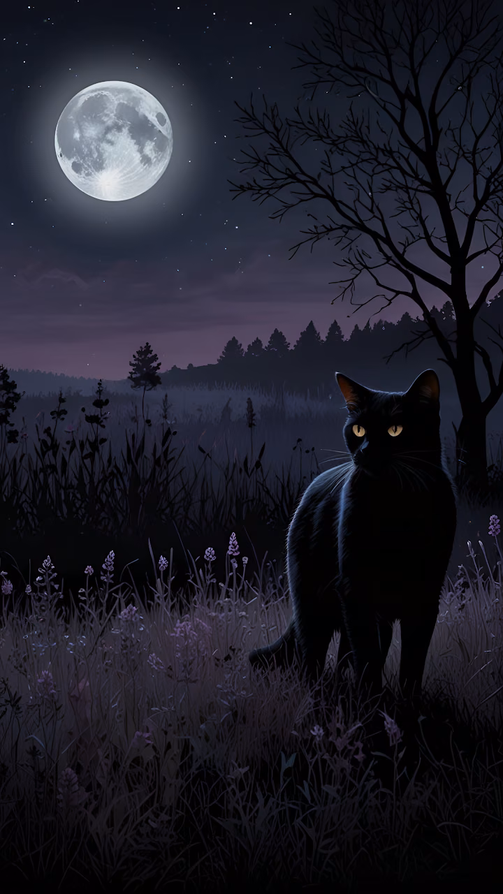 Black Cat with Glowing Eyes Under Full Moon - Free Mobile AMOLED Wallpaper Background