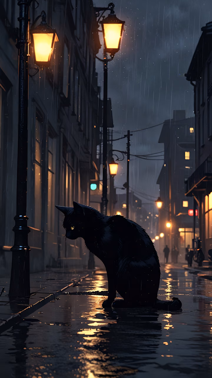 Download Black Cat Sitting on Rainy City Street at Night Wallpaper in Mobile HD Black Cat Sitting on Rainy City Street at Night - Free Mobile AMOLED Wallpaper Background