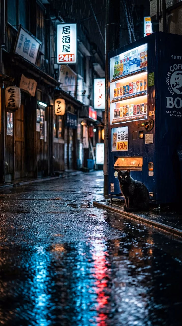 Black Cat by Vending Machine in Midnight Rain - Free Mobile AMOLED Wallpaper Background