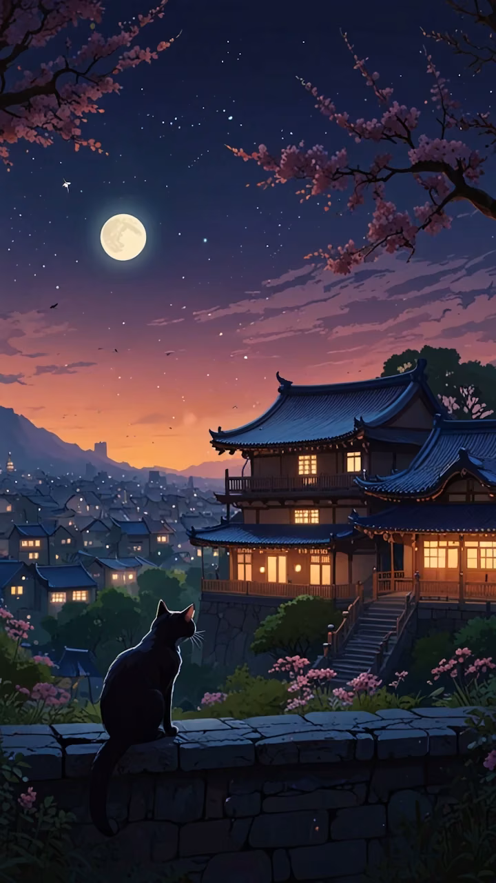 Black Cat Watches Moon Over Japanese Town at Dusk - Free Mobile AMOLED Wallpaper Background