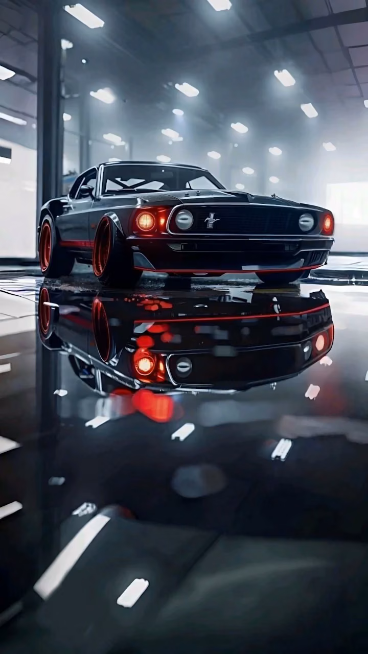 Black classic Mustang gleams under garage lights with reflection - Free Mobile AMOLED Wallpaper Background