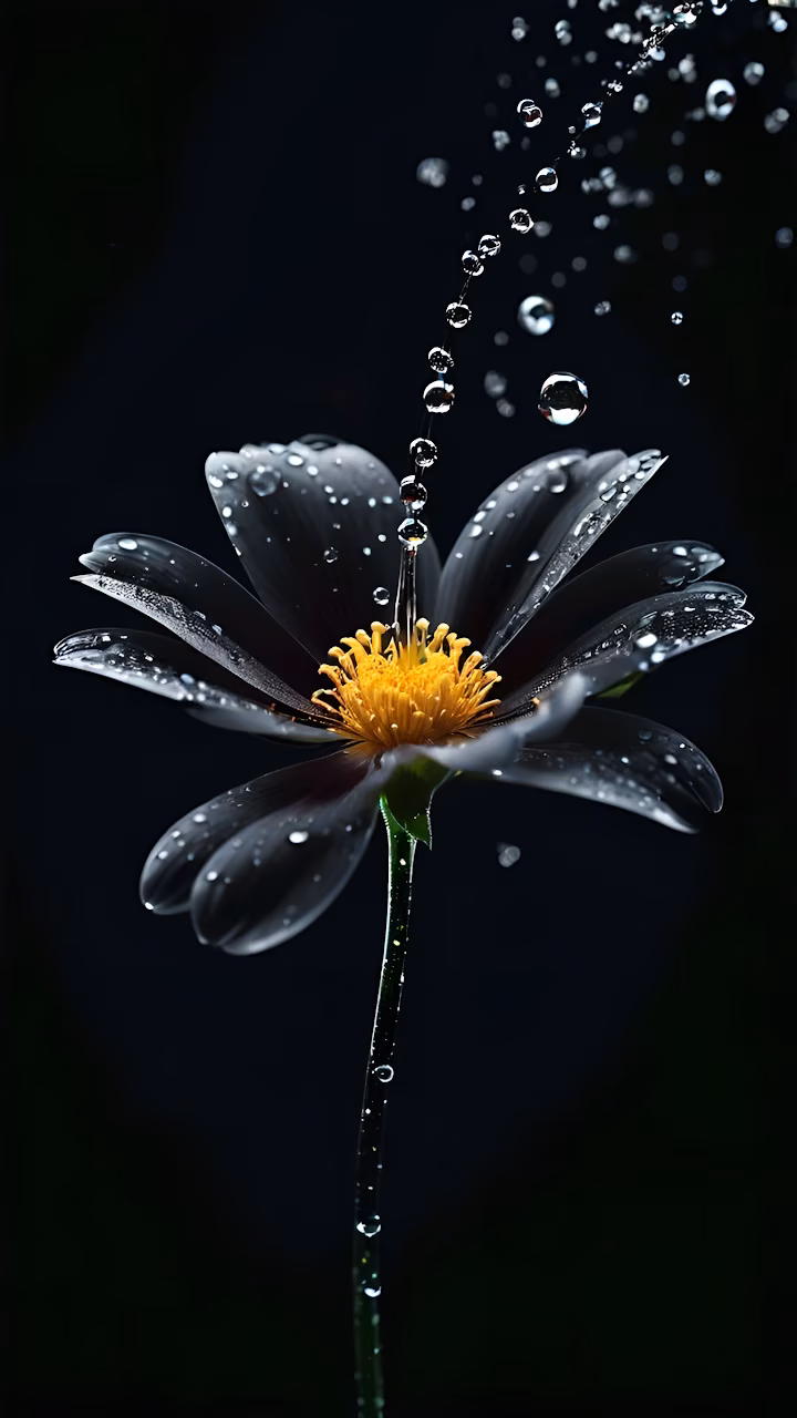 Black Flower with Water Droplets Against Dark Background - Free Mobile AMOLED Wallpaper Background