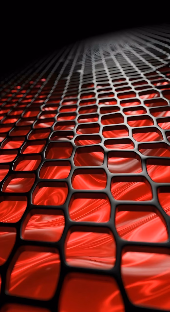 Black Hexagonal Grid Over Swirling Red Silk Texture - Free Mobile AMOLED Wallpaper Background
