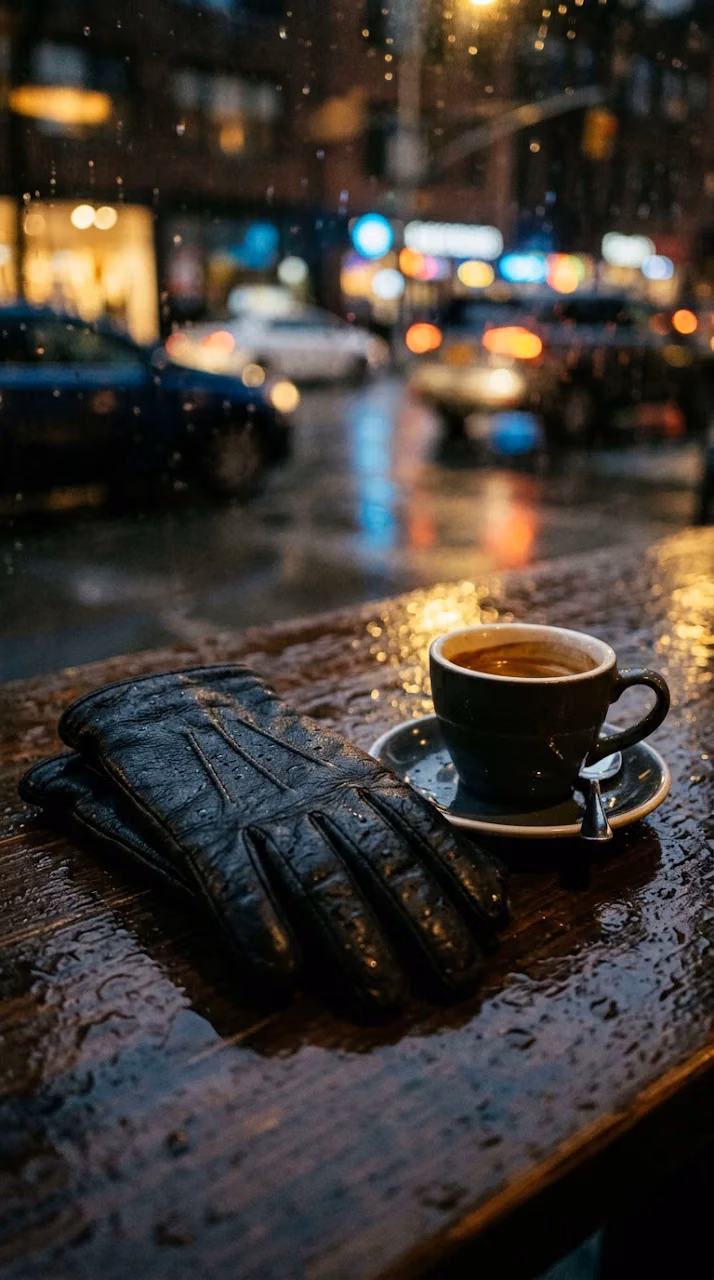 Black Leather Gloves on Rainy Cafe Table Wallpaper - Free Mobile AMOLED Wallpaper Background
