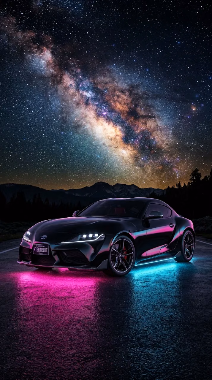 Black Luxury Sports Car parked under a Glowing Milky Way Sky - Free Mobile AMOLED Wallpaper Background