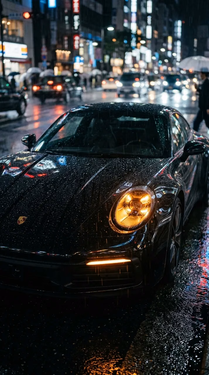 Download Black Luxury Sportscar in City Rain with Amber Headlights Wallpaper in Mobile HD Black Luxury Sportscar in City Rain with Amber Headlights - Free Mobile AMOLED Wallpaper Background