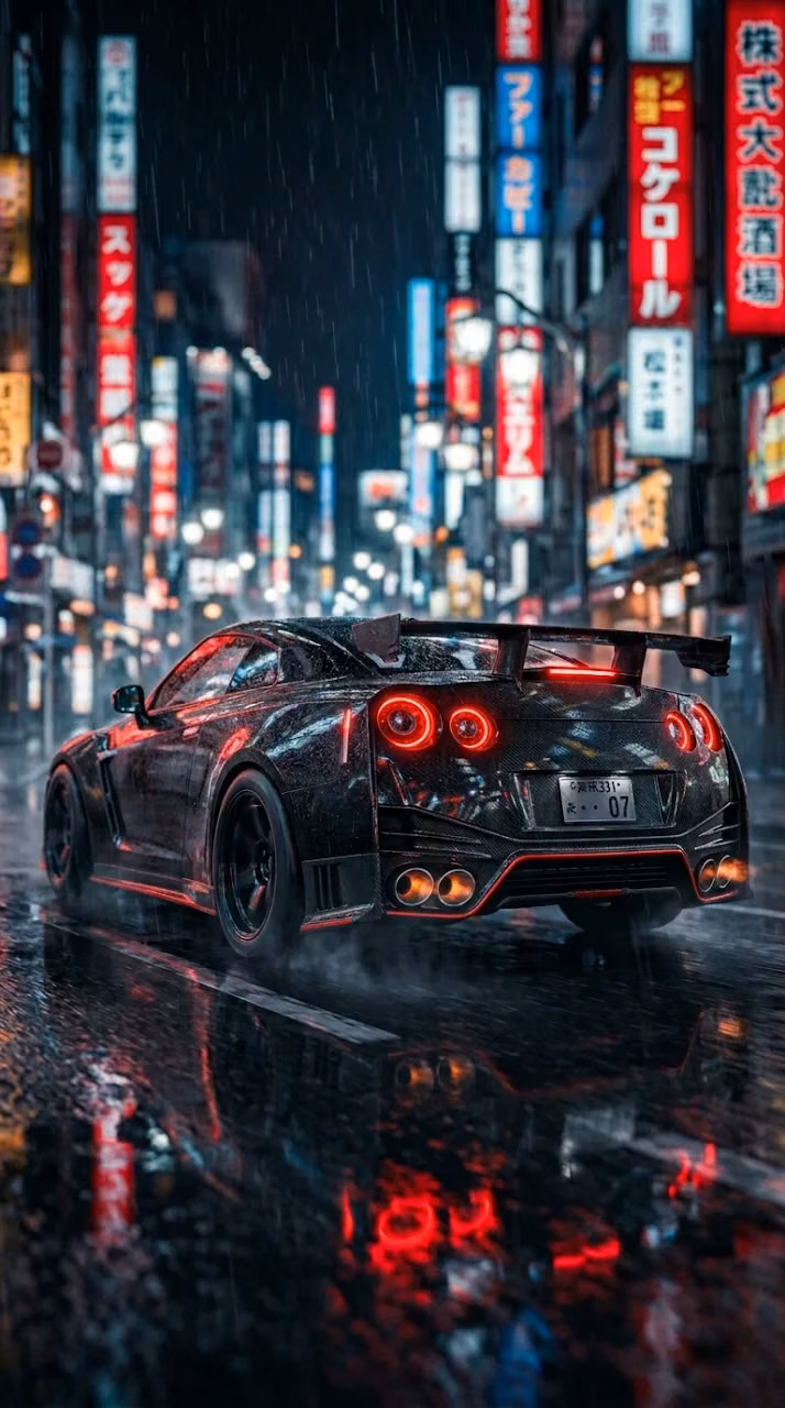 Black Modern Coupe in a Rainy Alley with Red Neon Backlighting at Night - Free Mobile AMOLED Wallpaper Background