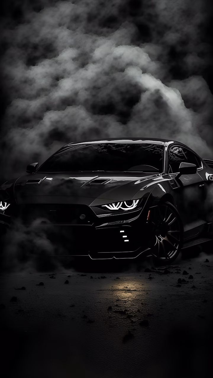 Download Black Muscle Car Emerging from Smoke at Night Wallpaper in Mobile HD Black Muscle Car Emerging from Smoke at Night - Free Mobile AMOLED Wallpaper Background