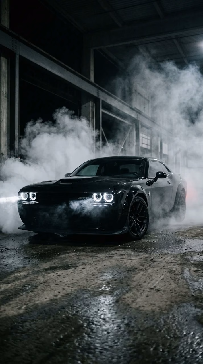 Black Muscle Car with Halo Headlights in Smoky Dark Environment - Free Mobile AMOLED Wallpaper Background