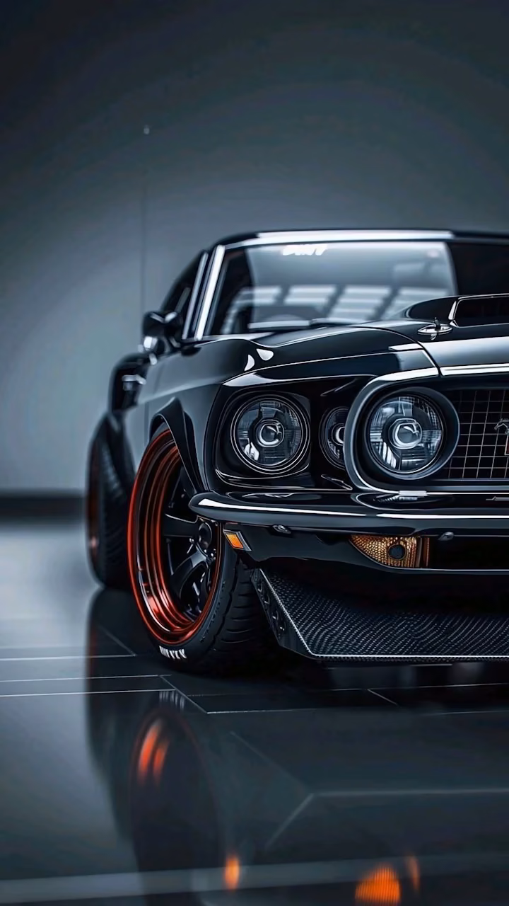 Black muscle car with red rims gleams in dark studio - Free Mobile AMOLED Wallpaper Background