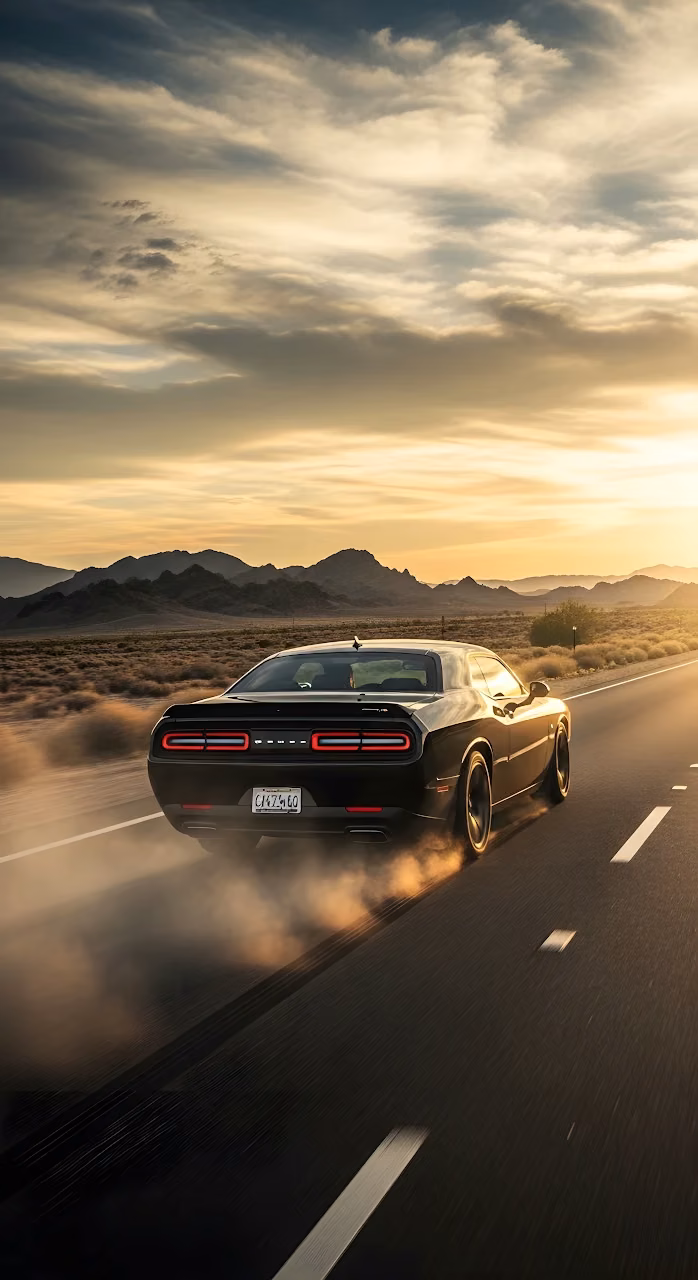Download Black Muscle Car Speeding on Desert Highway at Sunset Wallpaper in Mobile HD Black Muscle Car Speeding on Desert Highway at Sunset - Free Mobile AMOLED Wallpaper Background