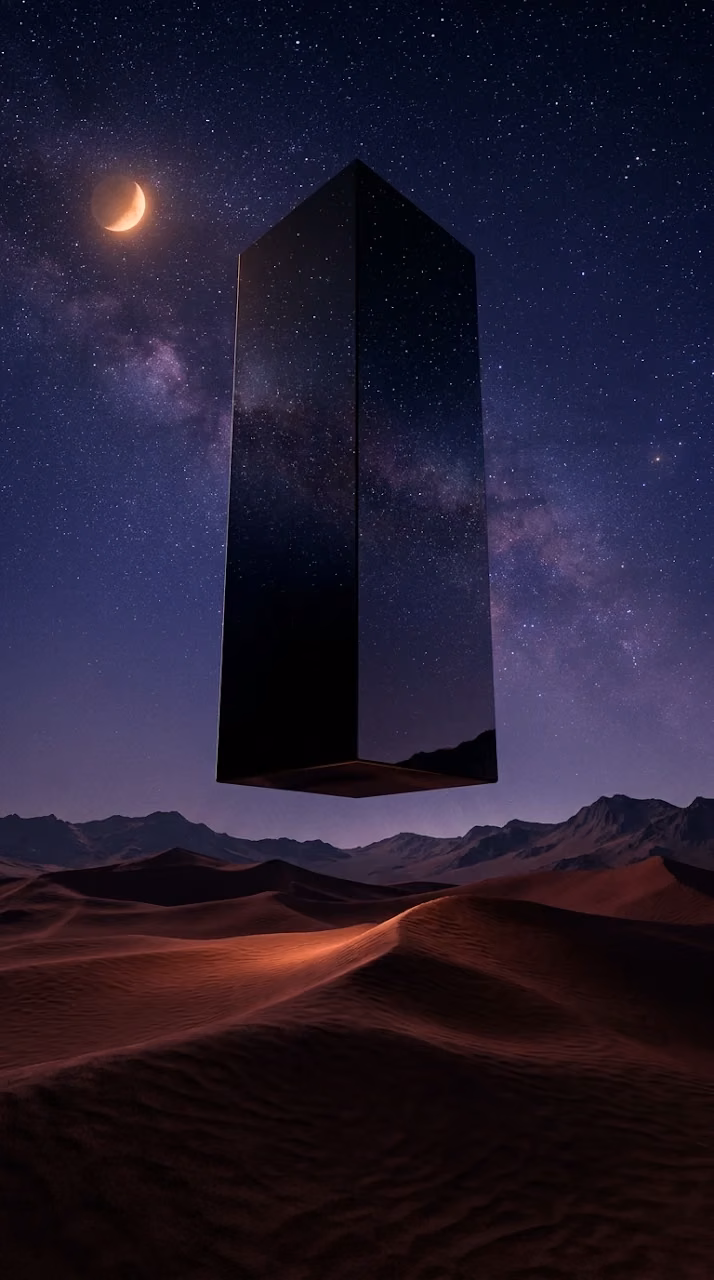 Download Black Obsidian Monolith Floating Over Red Sand Dunes at Night Wallpaper in Mobile HD Black Obsidian Monolith Floating Over Red Sand Dunes at Night - Free Mobile AMOLED Wallpaper Background