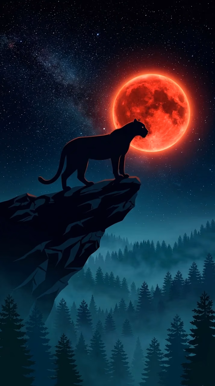 Black Panther Silhouette on Cliff under Red Full Moon and Stars - Free Mobile AMOLED Wallpaper Background