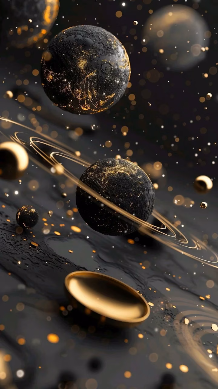 Black Planets with Gold Dust Rings and Bokeh Lights Abstract - Free 4K Desktop Wallpaper Background