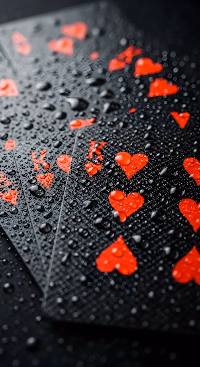 Black Playing Cards with Red Hearts and Water Droplets - Free Mobile AMOLED Wallpaper Background