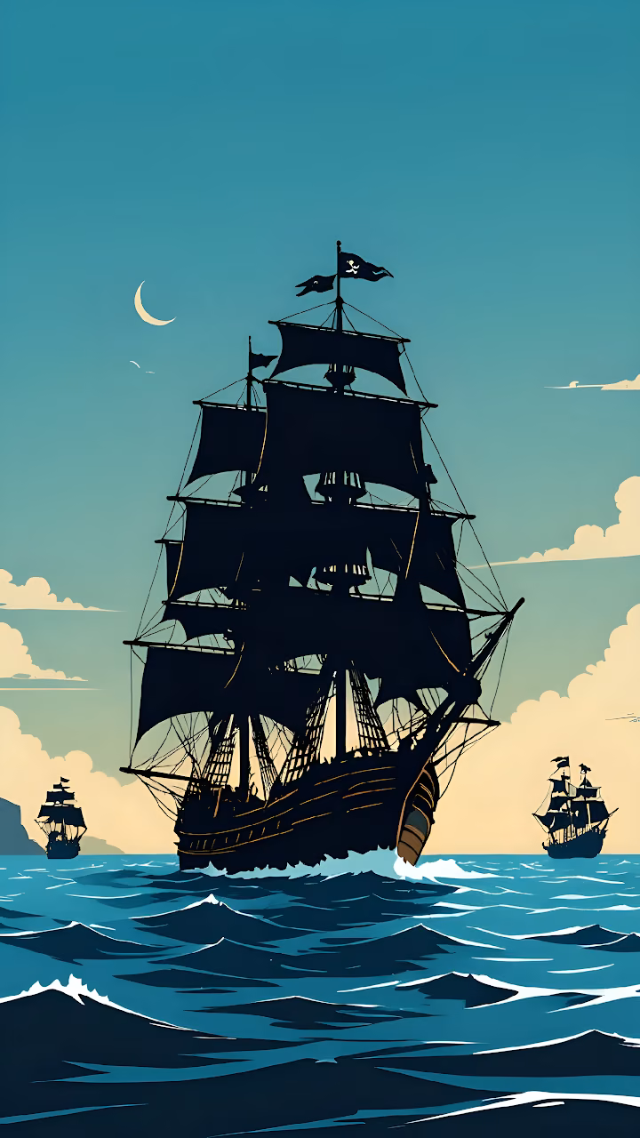 Black Silhouette Pirate Ships Sailing Rough Turquoise Ocean - Free Mobile AMOLED Wallpaper Background