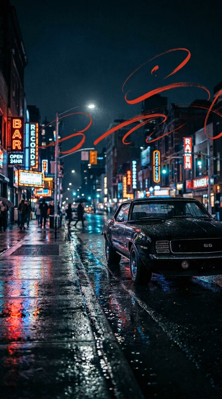 Black Vintage Muscle Car in Rainy City Street at Night - Free Mobile AMOLED Wallpaper Background