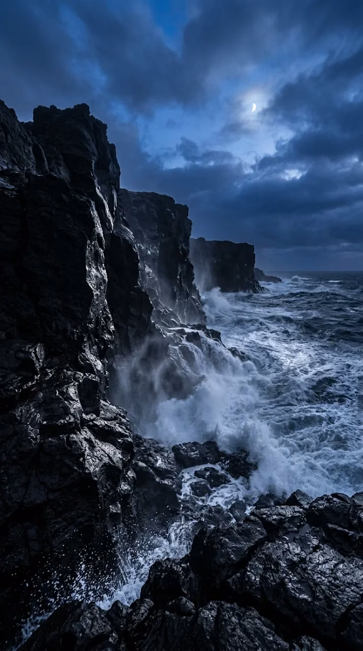 Download Black Volcanic Cliffs and Stormy Sea Blue Hour Wallpaper Wallpaper in Mobile HD Black Volcanic Cliffs and Stormy Sea Blue Hour Wallpaper - Free Mobile AMOLED Wallpaper Background