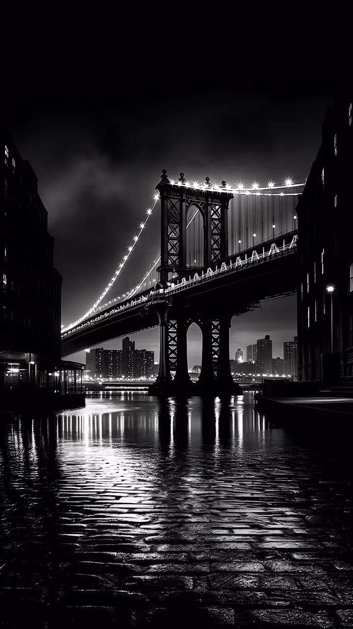 Black and White Manhattan Bridge Night Reflection - Free Mobile AMOLED Wallpaper Background