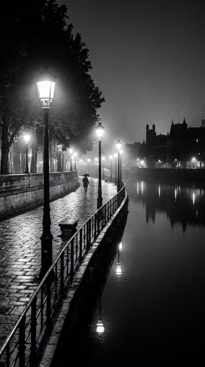 Black and White Photography of Riverside Promenade at Night - Free Mobile AMOLED Wallpaper Background