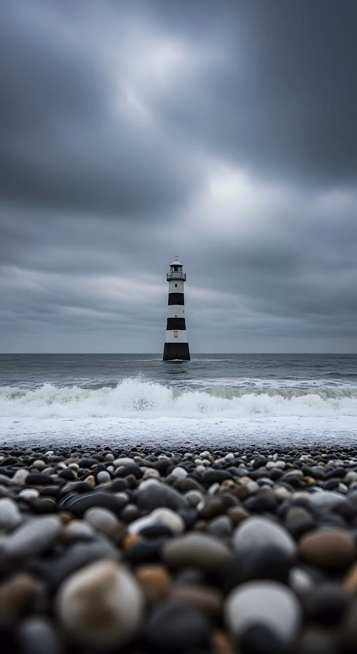 Black and White Striped Lighthouse on Overcast Day - Free Mobile AMOLED Wallpaper Background