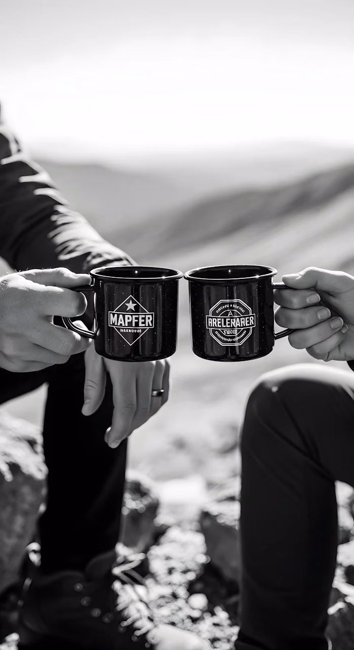 Black and White Photo of Two People Toasting with Enamel Mugs - Free Mobile AMOLED Wallpaper Background