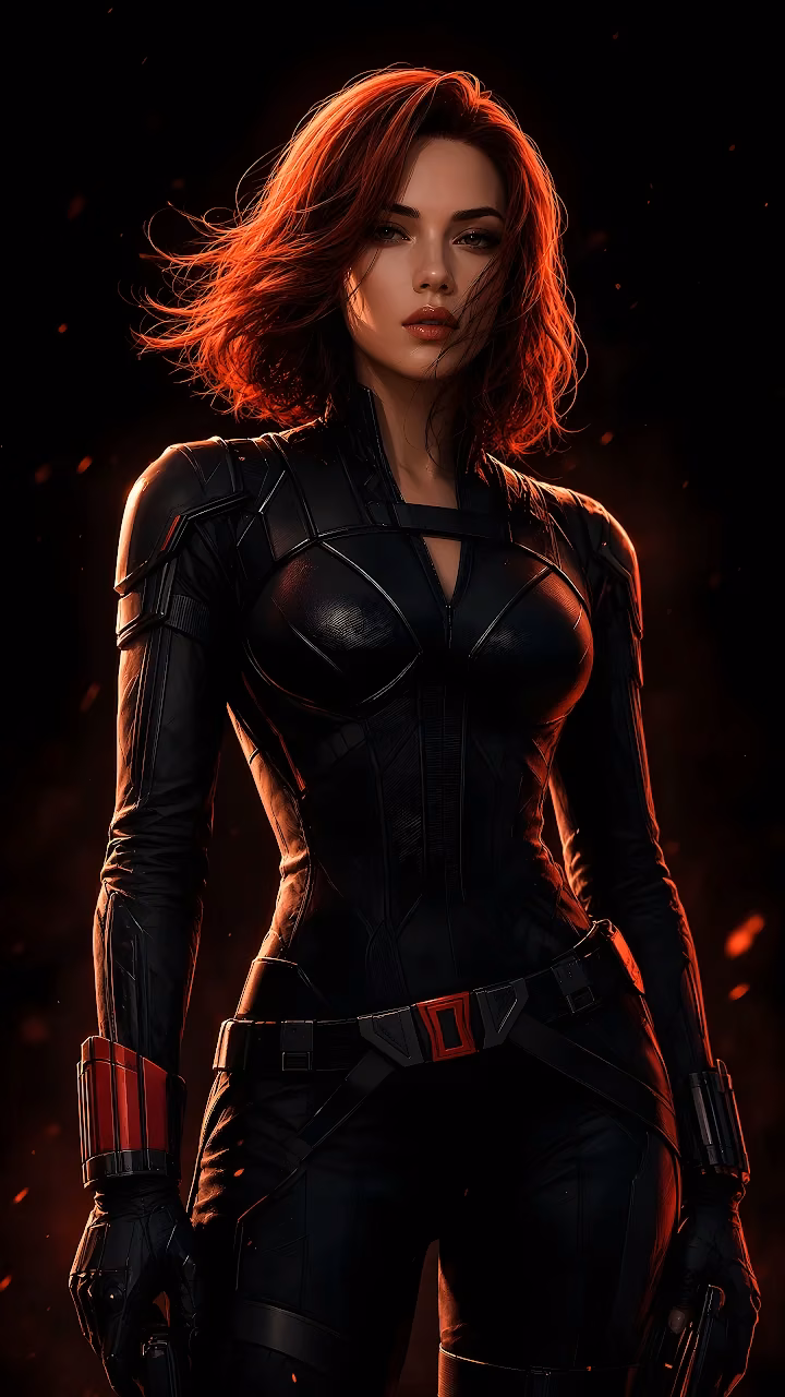 Download Black Widow Tactical Armor Red Lighting 4K Wallpaper in Mobile HD Black Widow standing in tactical armor with red lighting highlights and subtle embers in the background.