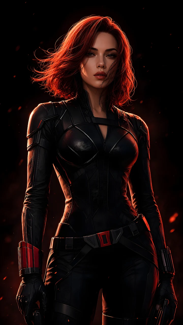 Download Black Widow Tactical Armor Red Lighting 4K Wallpaper in Mobile HD Black Widow standing in tactical armor with red lighting highlights and subtle embers in the background.