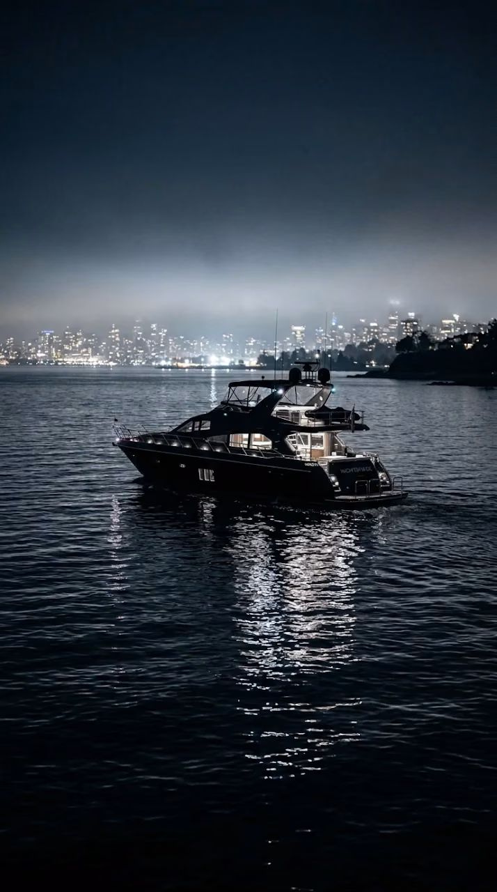 Download Black Yacht in Calm Midnight Waters with Fog Wallpaper Wallpaper in Mobile HD Black Yacht in Calm Midnight Waters with Fog Wallpaper - Free Mobile AMOLED Wallpaper Background