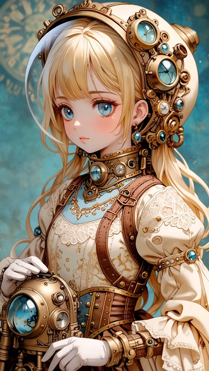 Blonde girl in steampunk diving helmet with intricate gearwork - Free Mobile AMOLED Wallpaper Background
