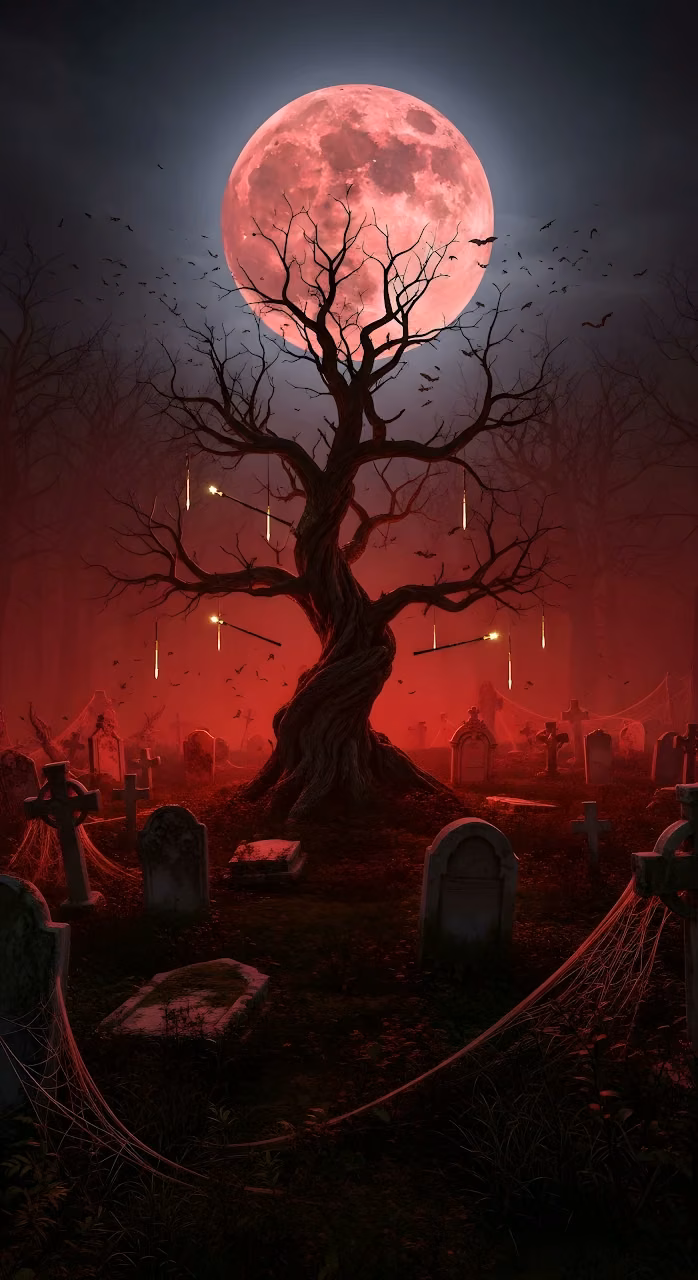 Blood Moon Cemetery Spooky Twisted Tree Art - Free Mobile AMOLED Wallpaper Background