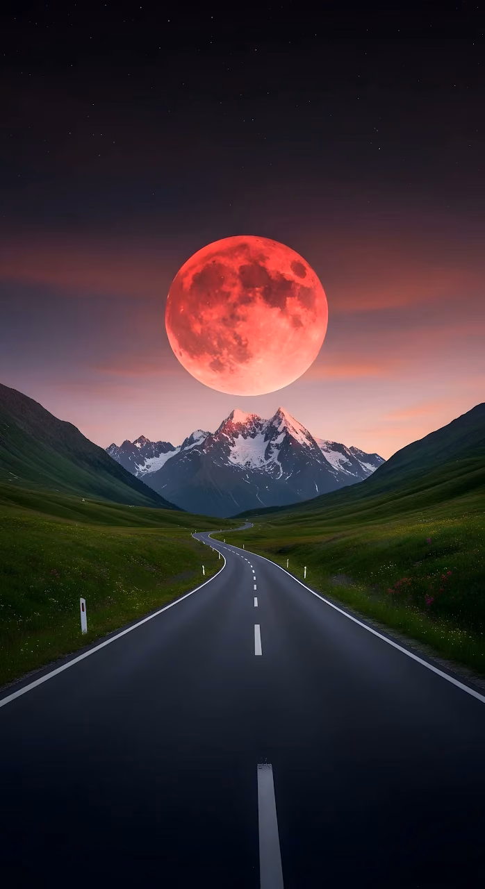 Blood Moon Over Winding Mountain Road and Green Valley - Free Mobile AMOLED Wallpaper Background