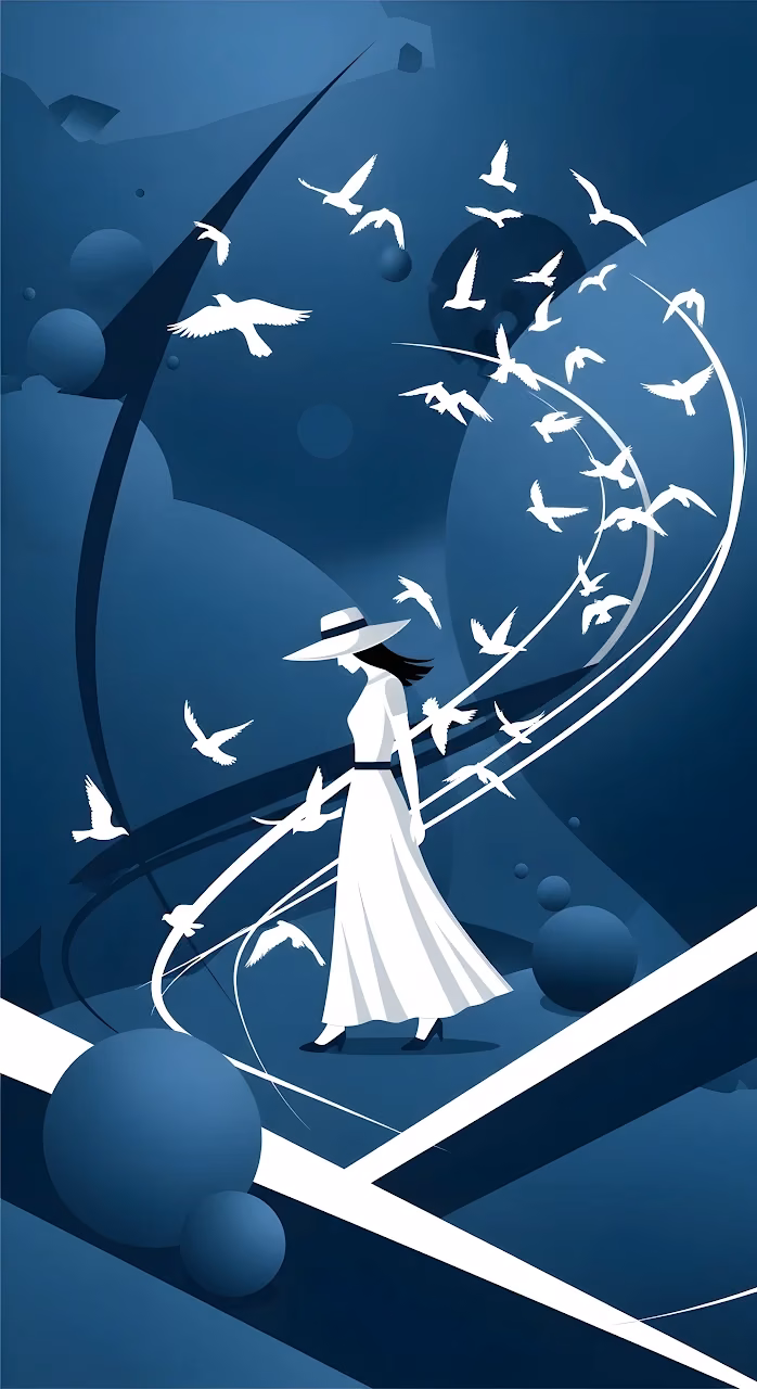 Download Blue Art Deco Illustration of Woman Walking with Flying Birds Wallpaper in Mobile HD Blue Art Deco Illustration of Woman Walking with Flying Birds - Free Mobile AMOLED Wallpaper Background
