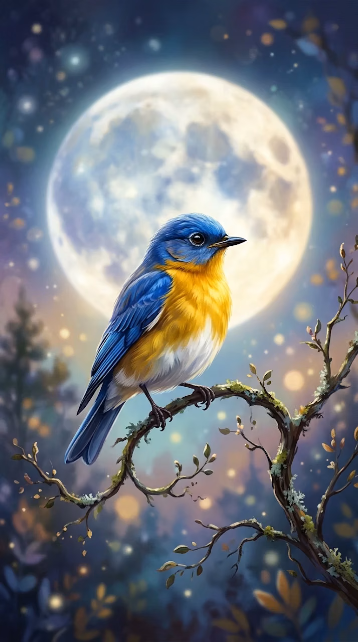 Blue Bird Perched on Branch Against Large Full Moon - Free Mobile AMOLED Wallpaper Background