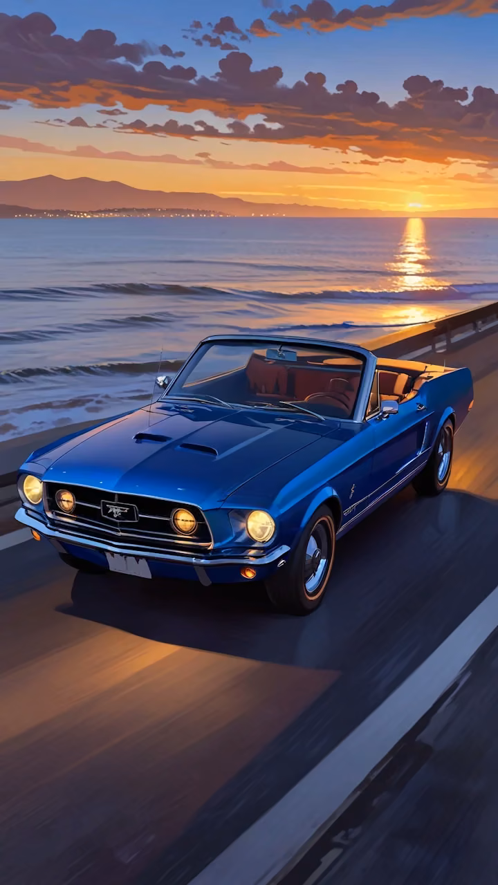 Blue classic Mustang cruises coastal highway at sunset - Free Mobile AMOLED Wallpaper Background