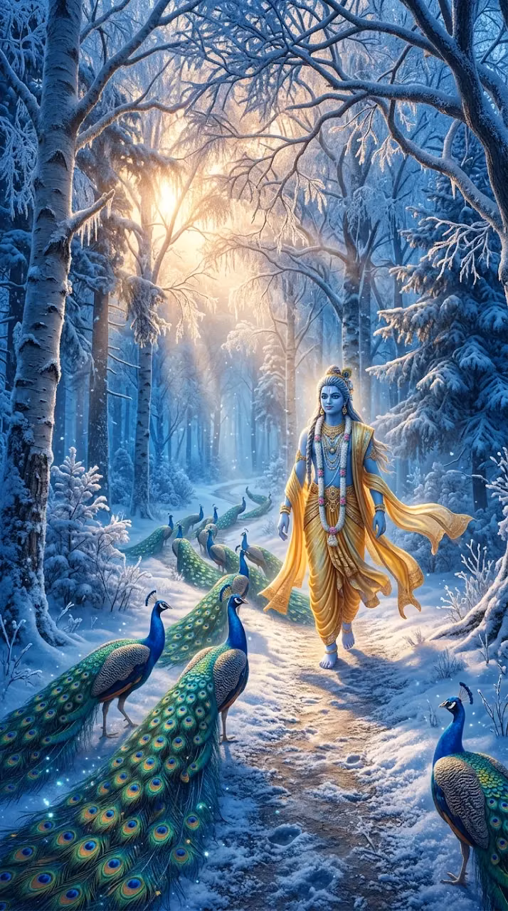 Blue Deity Walking through a Snowy Forest Accompanied by Peacocks - Free Mobile AMOLED Wallpaper Background