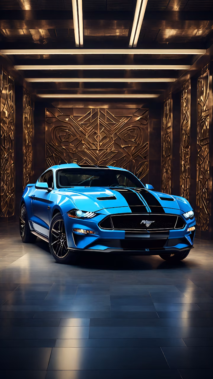 Blue Ford Mustang in Luxurious Art Deco Gold Interior - Free Mobile AMOLED Wallpaper Background