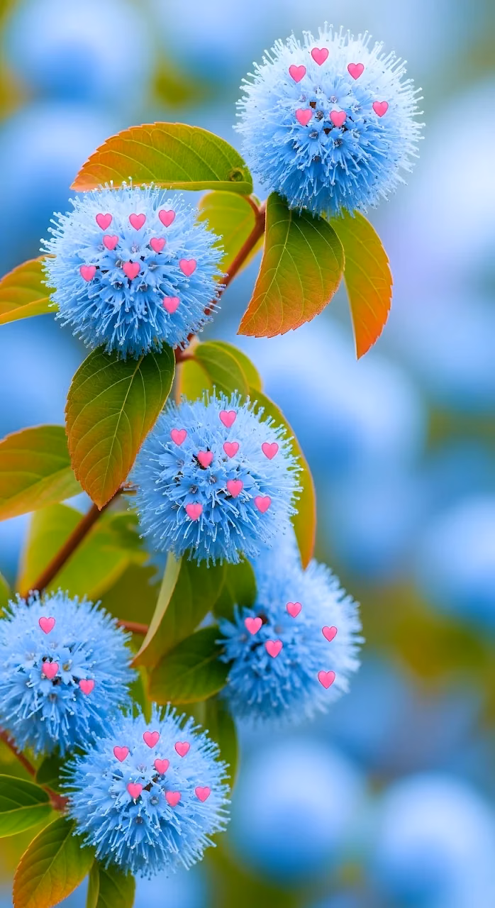 Blue Globe Flowers with Pink Hearts Overlay - Free Mobile AMOLED Wallpaper Background