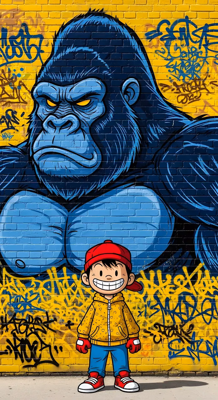 Blue Gorilla Mural Graffiti Art Cartoon Boy Street Style - Free Mobile AMOLED Wallpaper Background