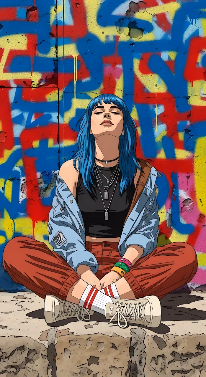 Blue Haired Woman Relaxing Against Vibrant Graffiti Wall - Free Mobile AMOLED Wallpaper Background