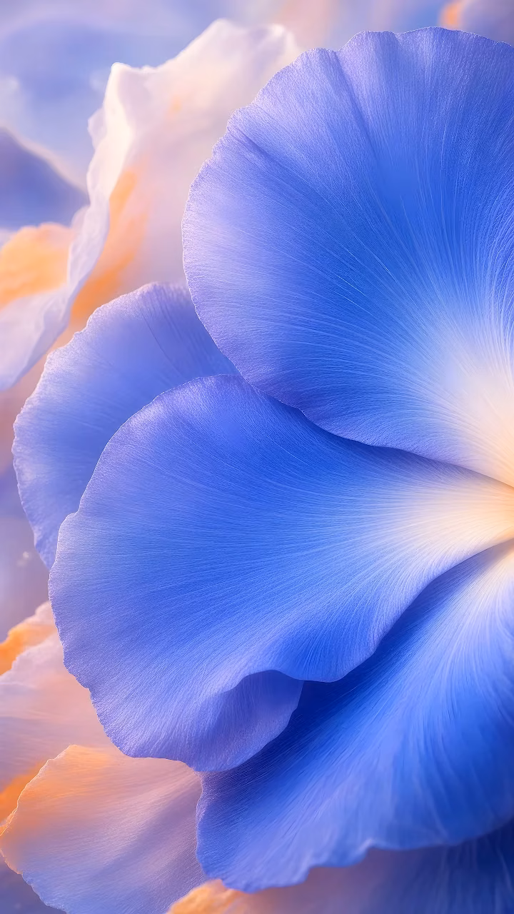 Macro view of layered blue and purple flower petals showing fine linear vein textures.