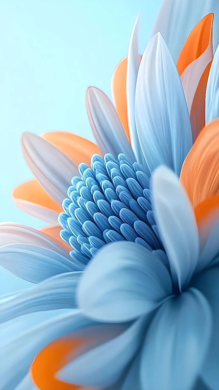 Download Blue Orange Flower Macro HD Wallpaper in Mobile HD Macro shot of layered pastel blue and bright orange flower petals with detailed center.