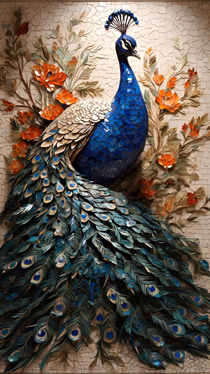 Blue Peacock Mosaic Art, Intricate Tile Sculpture - Free Mobile AMOLED Wallpaper Background