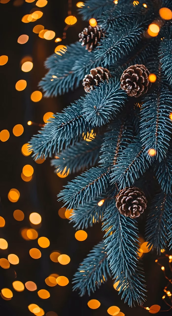 Blue Pine Branches and Cones with Golden Bokeh Lights - Free Mobile AMOLED Wallpaper Background