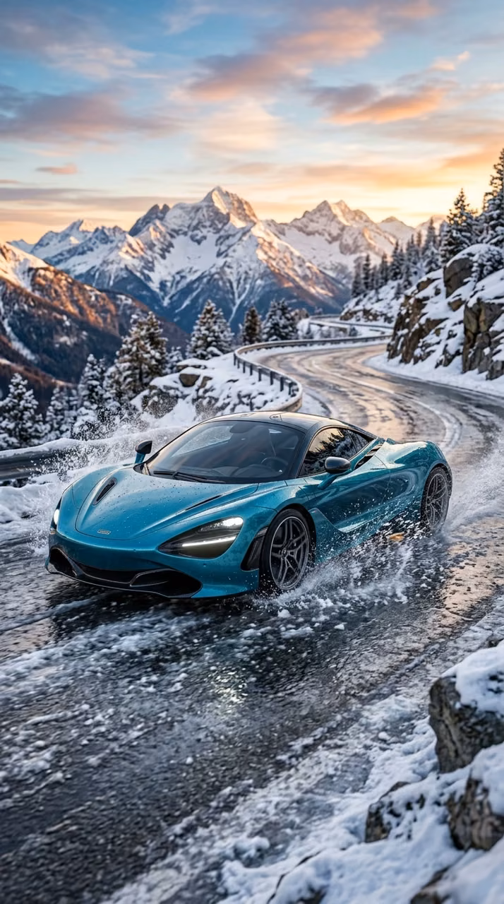 Download Blue Sports Car Splashing Through Icy Mountain Water at Sunrise Wallpaper in Mobile HD Blue Sports Car Splashing Through Icy Mountain Water at Sunrise - Free Mobile AMOLED Wallpaper Background