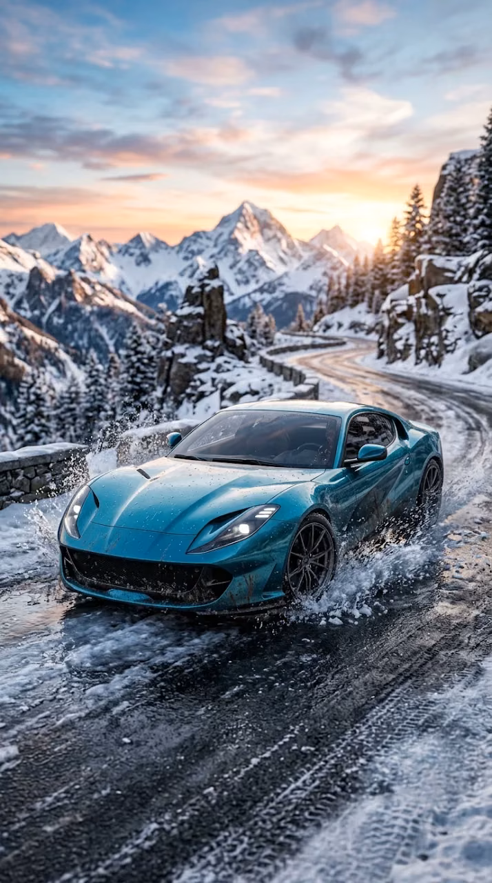 Download Blue Sports Car Splashing Through Icy Mountain Water at Sunrise Wallpaper in Mobile HD Blue Sports Car Splashing Through Icy Mountain Water at Sunrise - Free Mobile AMOLED Wallpaper Background