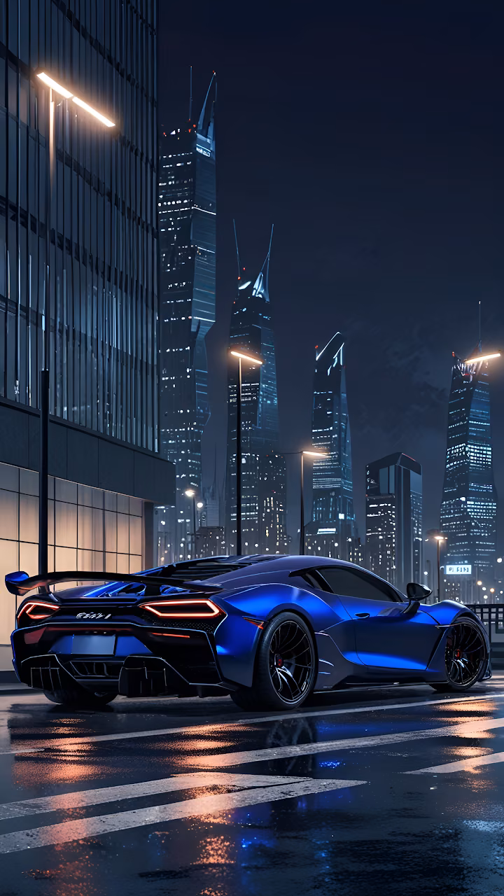 Download Blue Supercar Parked on Rainy City Street at Night Wallpaper in Mobile HD Blue Supercar Parked on Rainy City Street at Night - Free Mobile AMOLED Wallpaper Background