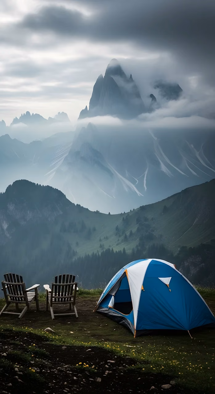 Blue Tent and Chairs on Mountain Peak Campsite - Free Mobile AMOLED Wallpaper Background