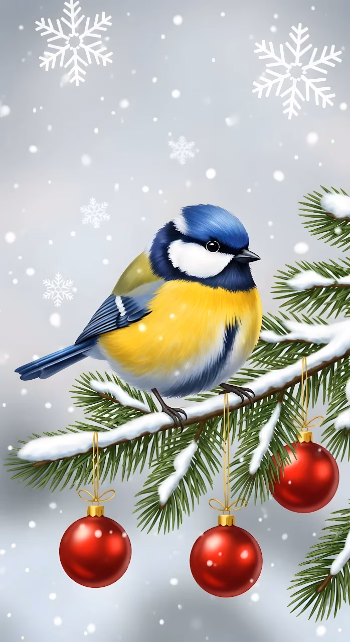 Blue Tit Bird Perched on Snowy Christmas Pine Branch - Free Mobile AMOLED Wallpaper Background