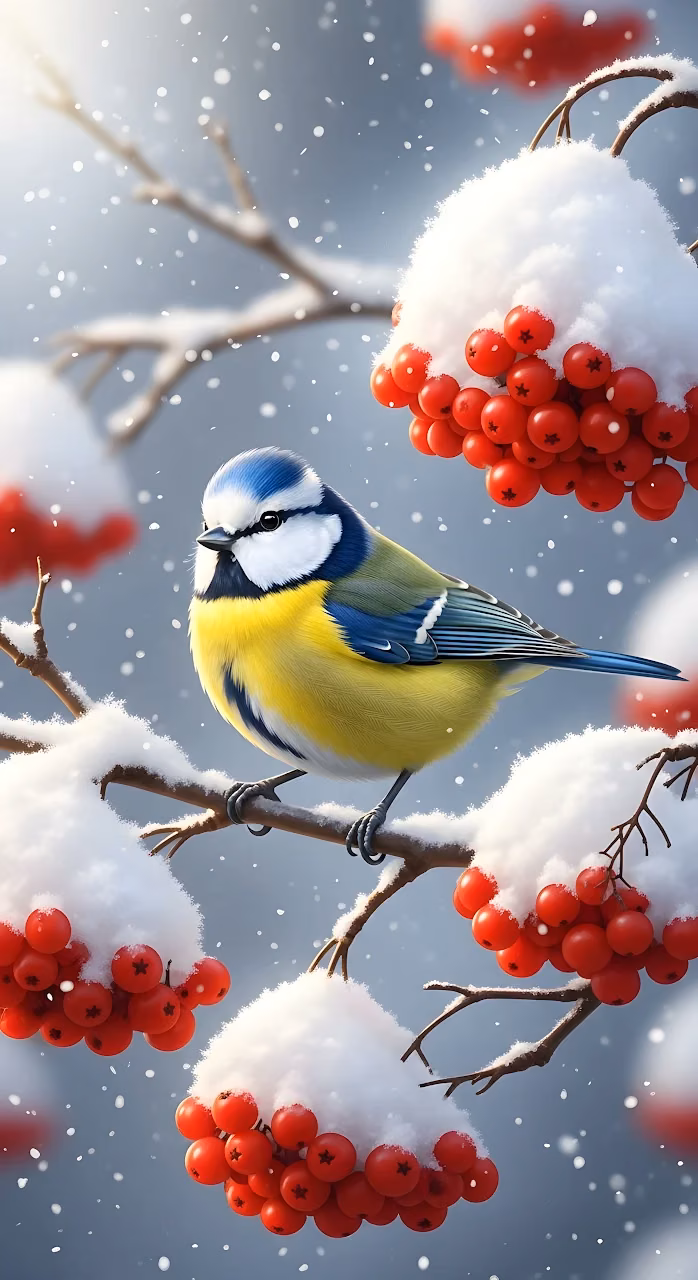 Blue Tit on Snowy Branch with Bright Red Berries - Free Mobile AMOLED Wallpaper Background